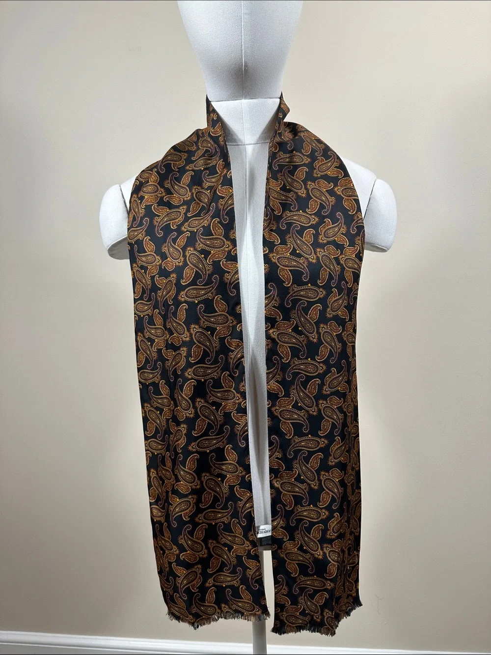 John Henric Sweden 100% Silk Black Paisley Frayed Edge Men Scarf 62X6.5
